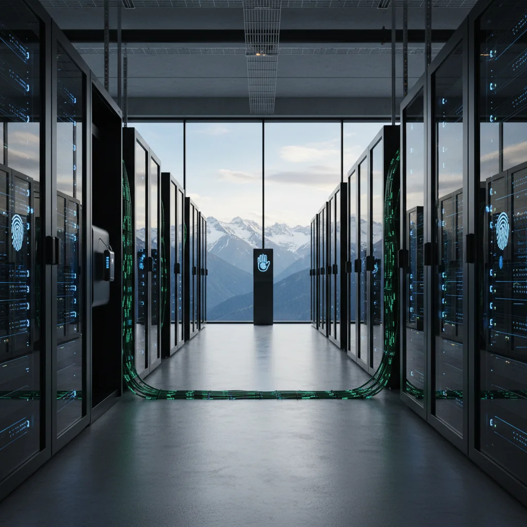 A photorealistic image depicting a secure Swiss data center with servers and digital locks, symbolizing the importance of data storage policies in Switzerland. The scene includes Swiss Alps in the background for a national touch, focusing on technology and security without any documents or people.