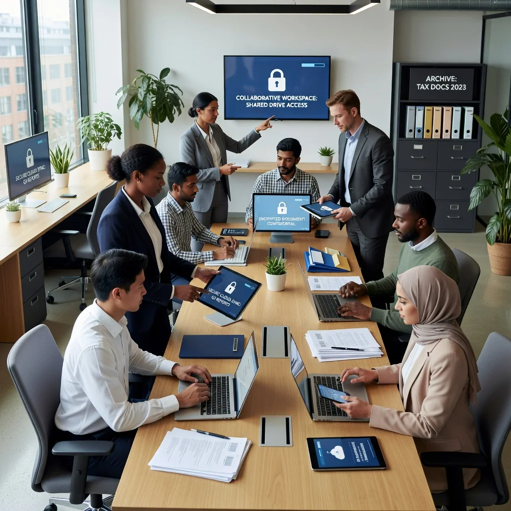 A photorealistic image of a professional business team in a modern office environment, collaboratively reviewing digital documents on tablets and laptops, symbolizing effective document management and organization in a corporate setting. The focus is on efficiency, teamwork, and streamlined processes, with no children present.