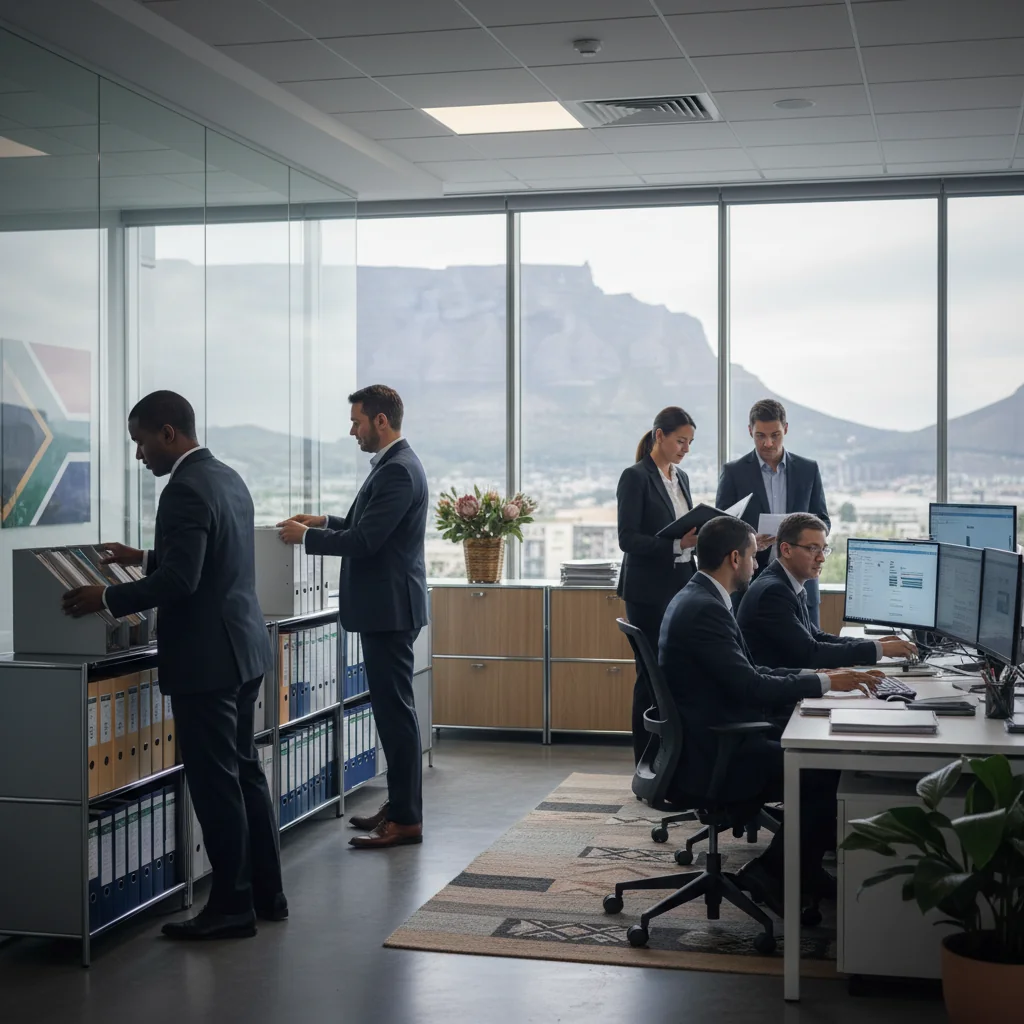 A photorealistic image depicting a professional office environment in South Africa, featuring a diverse group of adult business professionals organizing and reviewing important documents in a modern conference room with subtle South African elements like a flag or landscape view in the background, symbolizing compliance and records management.