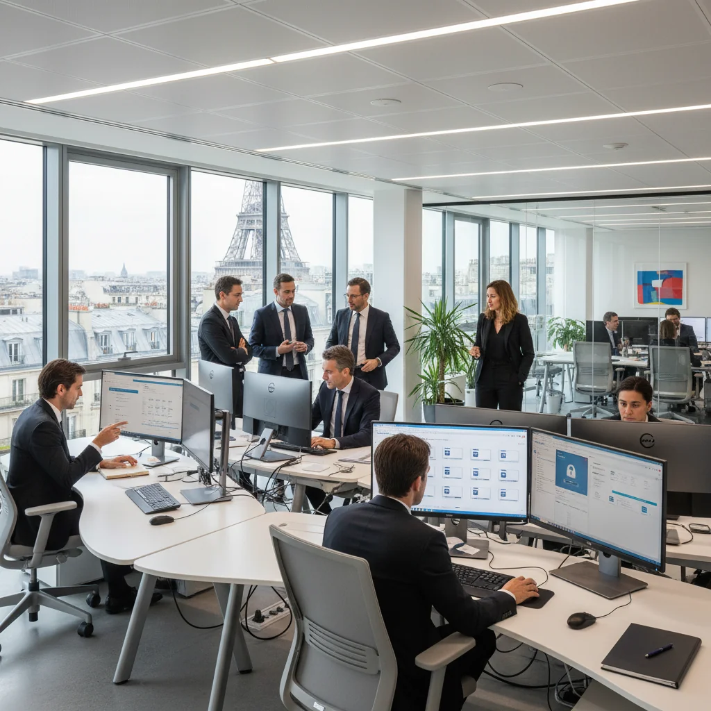 A photorealistic image of a professional French business office environment where employees are organizing and managing digital archives on computers, symbolizing best practices for digital record keeping in French companies, with no focus on actual documents, and no children present.