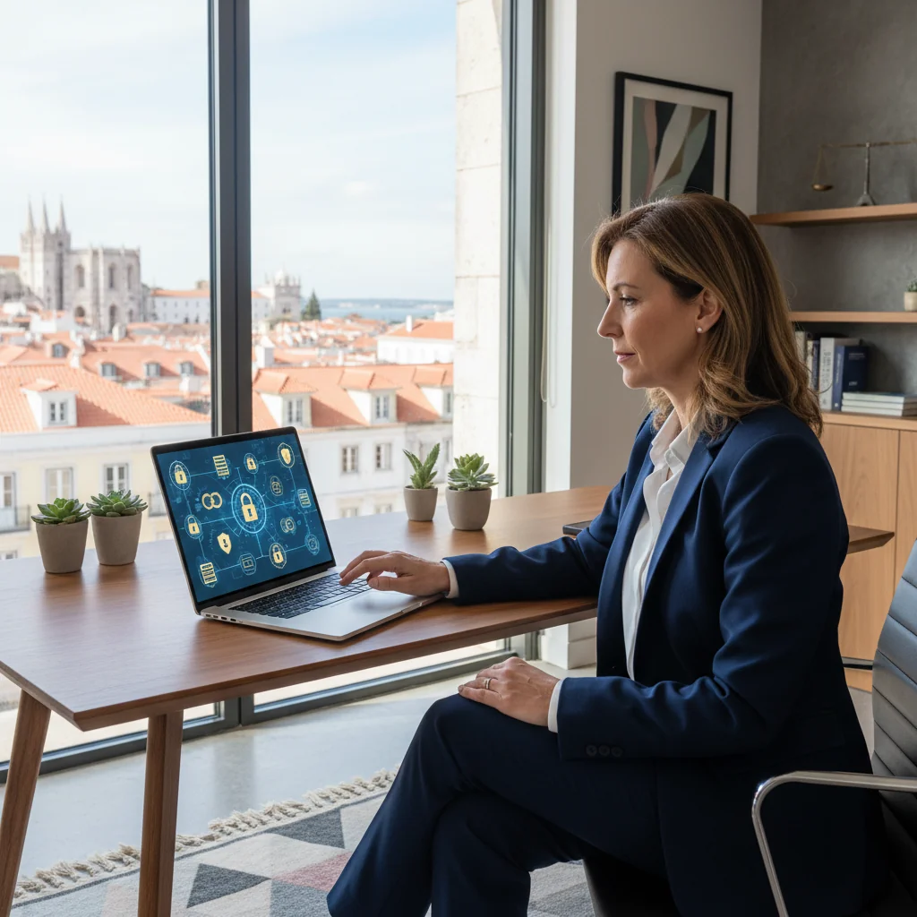 A photorealistic image symbolizing data privacy and retention laws in Portugal, featuring a professional adult individual in a modern office setting in Lisbon, thoughtfully reviewing digital documents on a secure computer screen with subtle Portuguese flag elements in the background, emphasizing protection and confidentiality without any focus on documents themselves.