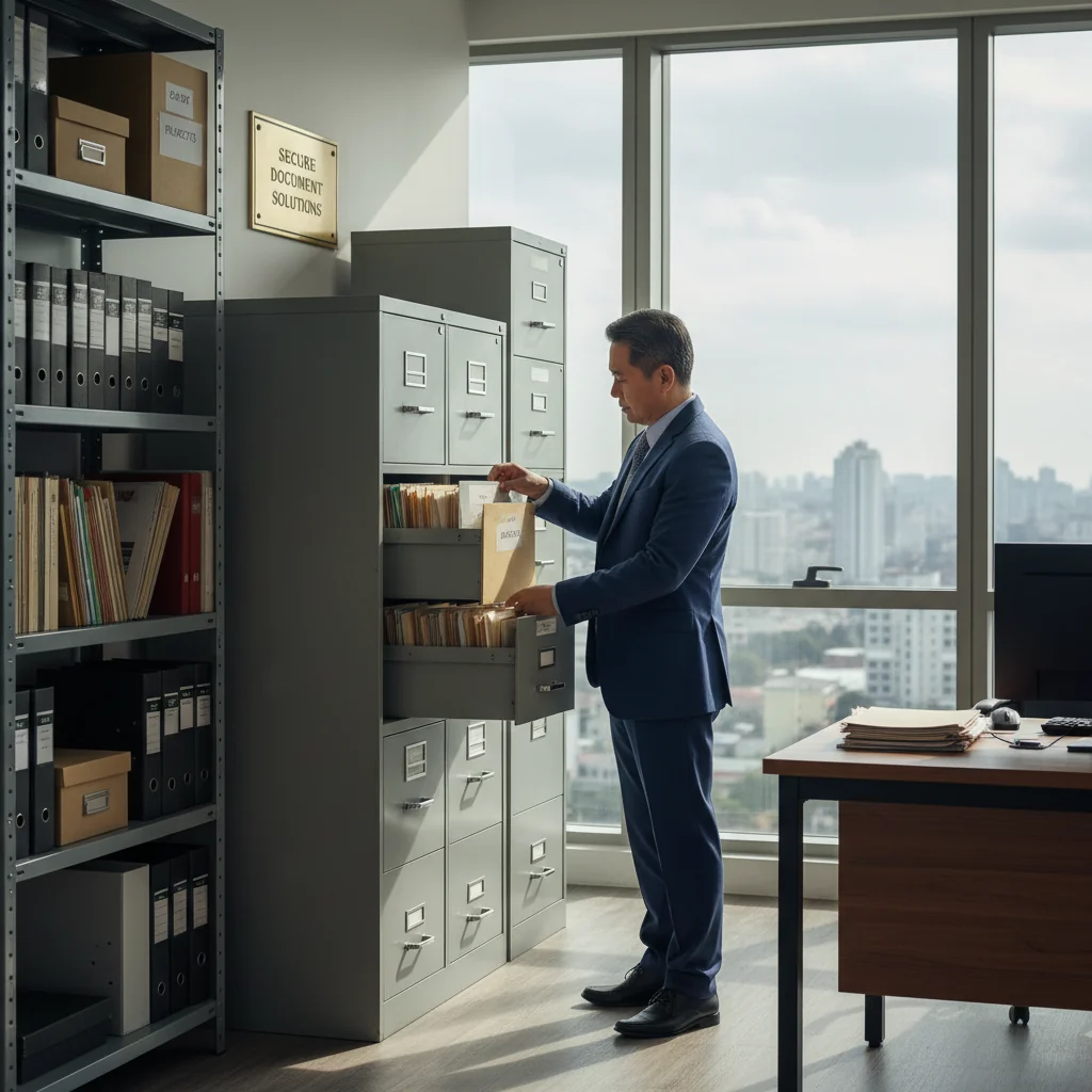 A photorealistic image of a professional Filipino office worker in a modern corporate setting in the Philippines, carefully organizing and filing important documents in a secure filing cabinet, symbolizing efficient records management practices. The scene conveys organization, reliability, and professionalism in handling records, with no children present.