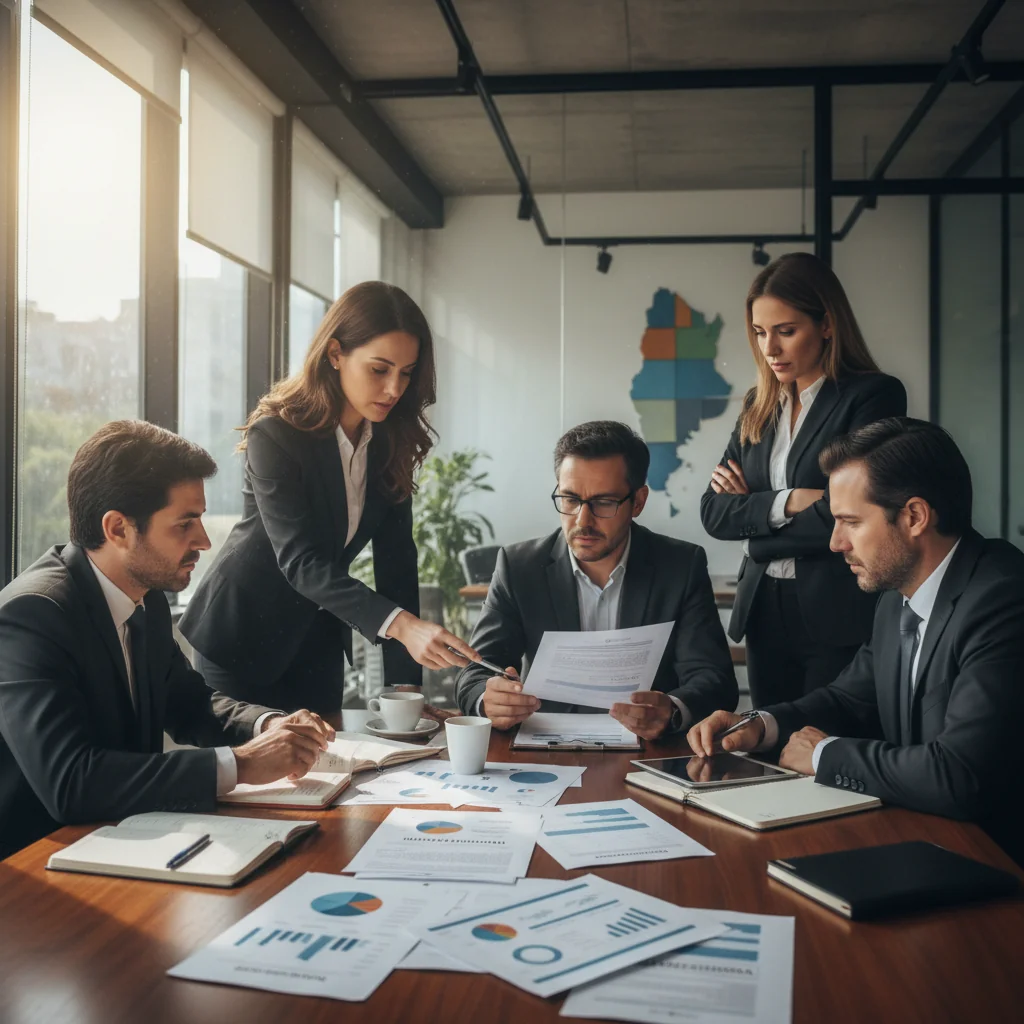 A professional business meeting in a modern Argentine office, with adults reviewing legal documents and discussing compliance, evoking themes of legal obligations in business record management. No children present.