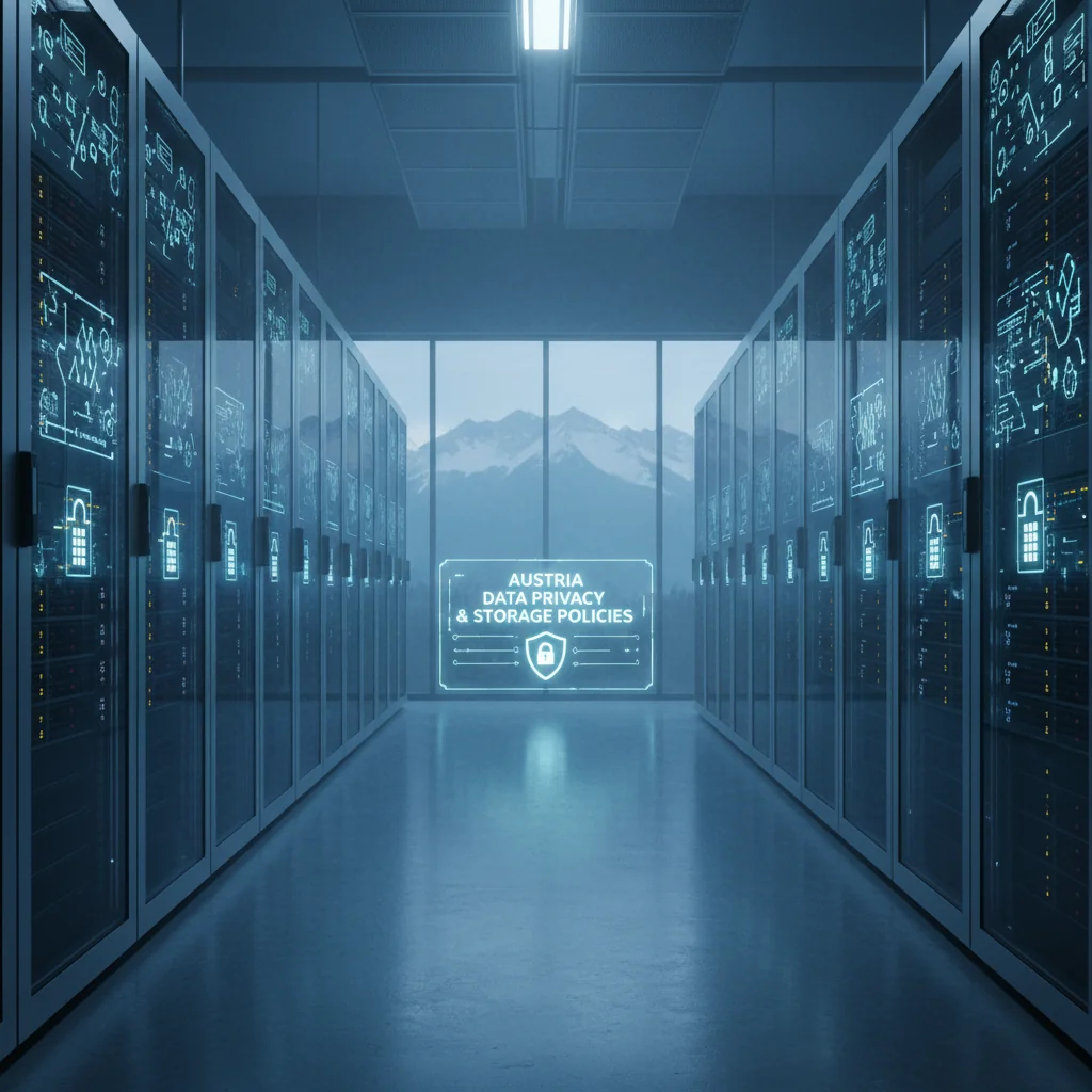 A photorealistic image representing data storage policies in Austria, featuring a modern server room with secure data centers, locks symbolizing privacy, and subtle Austrian flag elements in the background, evoking trust and security in data management.