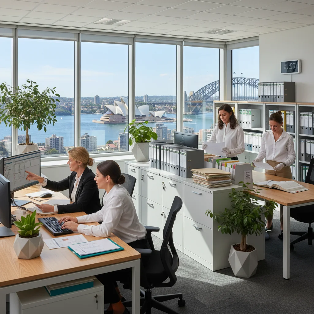 A photorealistic image of a diverse team of professionals in a modern Australian office, collaboratively organizing and reviewing important documents on a large digital screen, symbolizing efficient records management practices, with elements like Australian flags or Sydney skyline in the background to represent the Australian context.