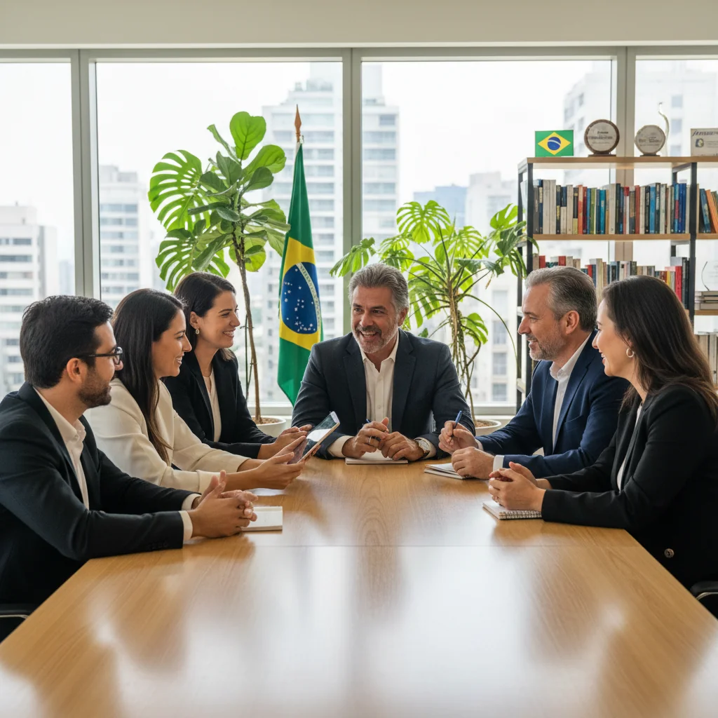 A photorealistic image of a diverse group of professional adults in a modern Brazilian office setting, engaged in a collaborative meeting discussing retention strategies, symbolizing effective employee retention policies in Brazilian companies. The scene includes business people of various ages and ethnicities, looking focused and positive, with elements like a whiteboard showing charts on employee engagement, but no documents or text visible.