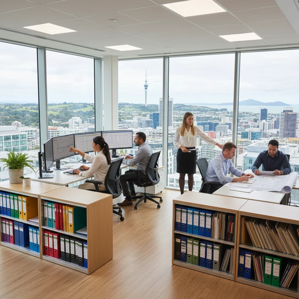 A photorealistic image depicting a professional office environment in New Zealand, with adults organizing and managing files in a modern workspace, symbolizing effective records management. No children are present.