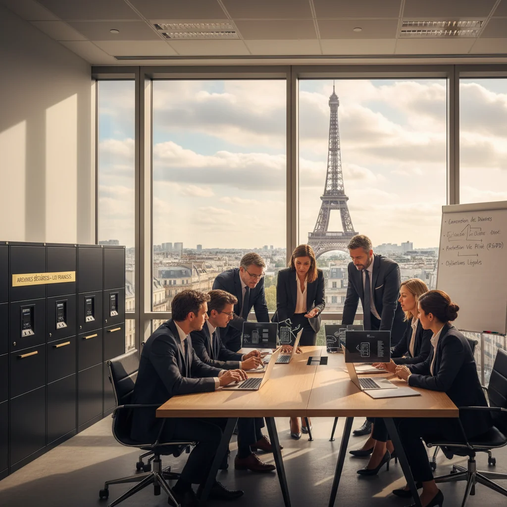 A photorealistic image of a professional French office setting in Paris, featuring a diverse group of adult business professionals reviewing digital data privacy documents on secure computers, with subtle French landmarks like the Eiffel Tower visible through a window, symbolizing data retention policies and legal compliance in France. No children are present. The image is entirely photorealistic, with no graphics, drawings, or illustrations.