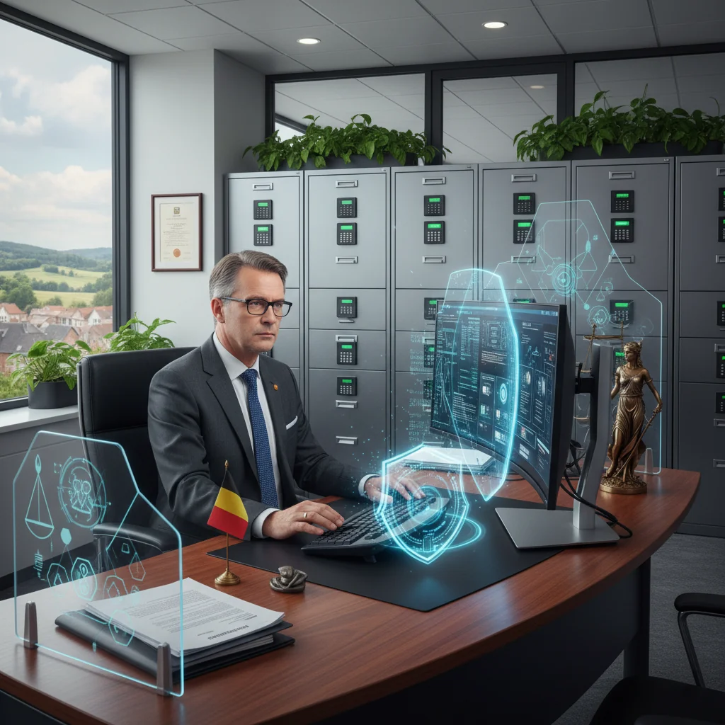 A photorealistic image symbolizing data conservation policies in Belgium, featuring a professional in a modern office setting carefully organizing digital files on a secure server, with subtle Belgian flag elements in the background, evoking trust, privacy, and legal compliance. No children are present.