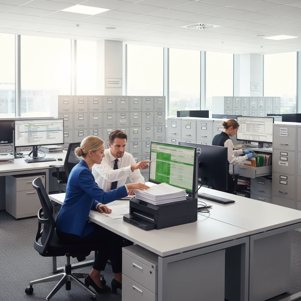 A photorealistic image of a professional office environment in the UK, featuring a diverse team of adults in business attire meticulously organizing and reviewing digital and physical records in a modern compliance-focused workspace, symbolizing best practices in records management for UK regulations. No children are present in the image.