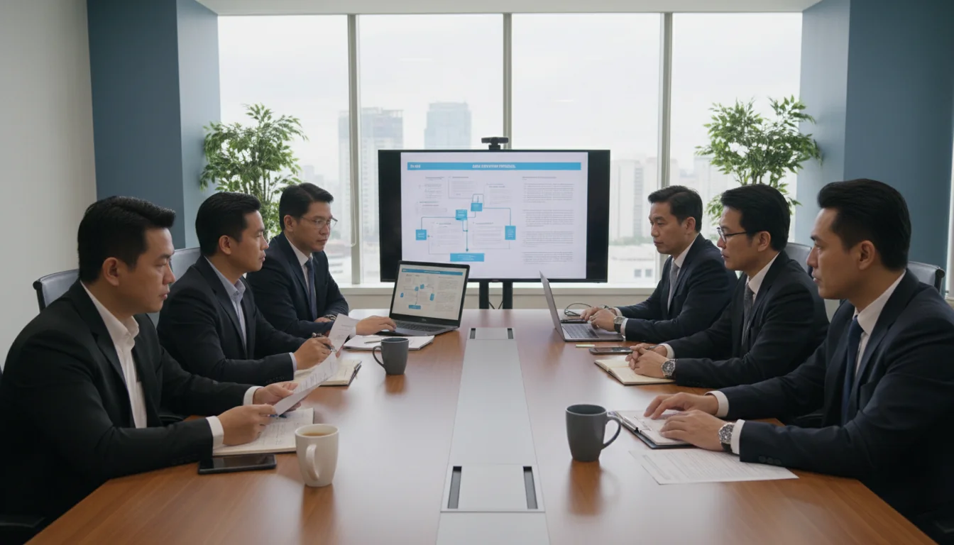 Office workers reviewing data files.