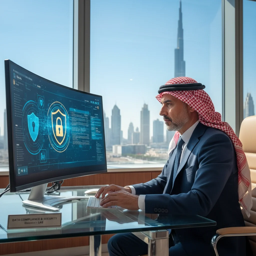A photorealistic image symbolizing the importance of data retention policies in the UAE, featuring a professional in a modern office setting in Dubai, reviewing secure digital files on a computer with UAE landmarks like the Burj Khalifa visible through the window, emphasizing data security and compliance, no children present.