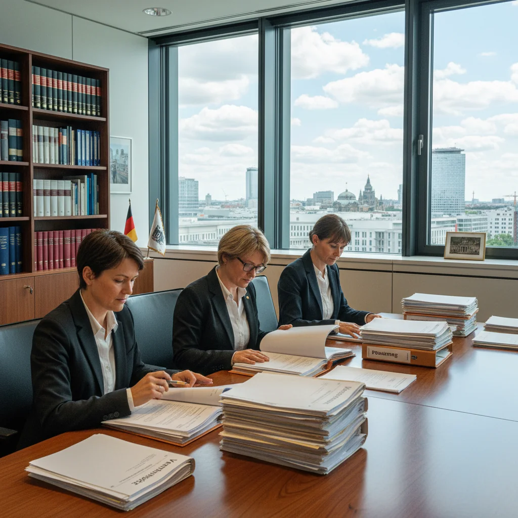 A photorealistic image depicting a professional scene in a German government administration office, showing adult bureaucrats in suits reviewing important administrative files at a modern desk, symbolizing the handling and application of key documents in public administration, with no children present.