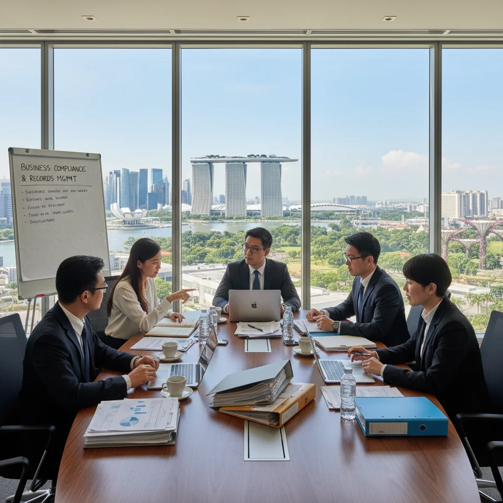 A photorealistic image of a professional business meeting in a modern Singapore office, with diverse adults discussing compliance strategies around a conference table, overlooking the city skyline with elements like Marina Bay Sands in the background, symbolizing organized records management and regulatory adherence for businesses.