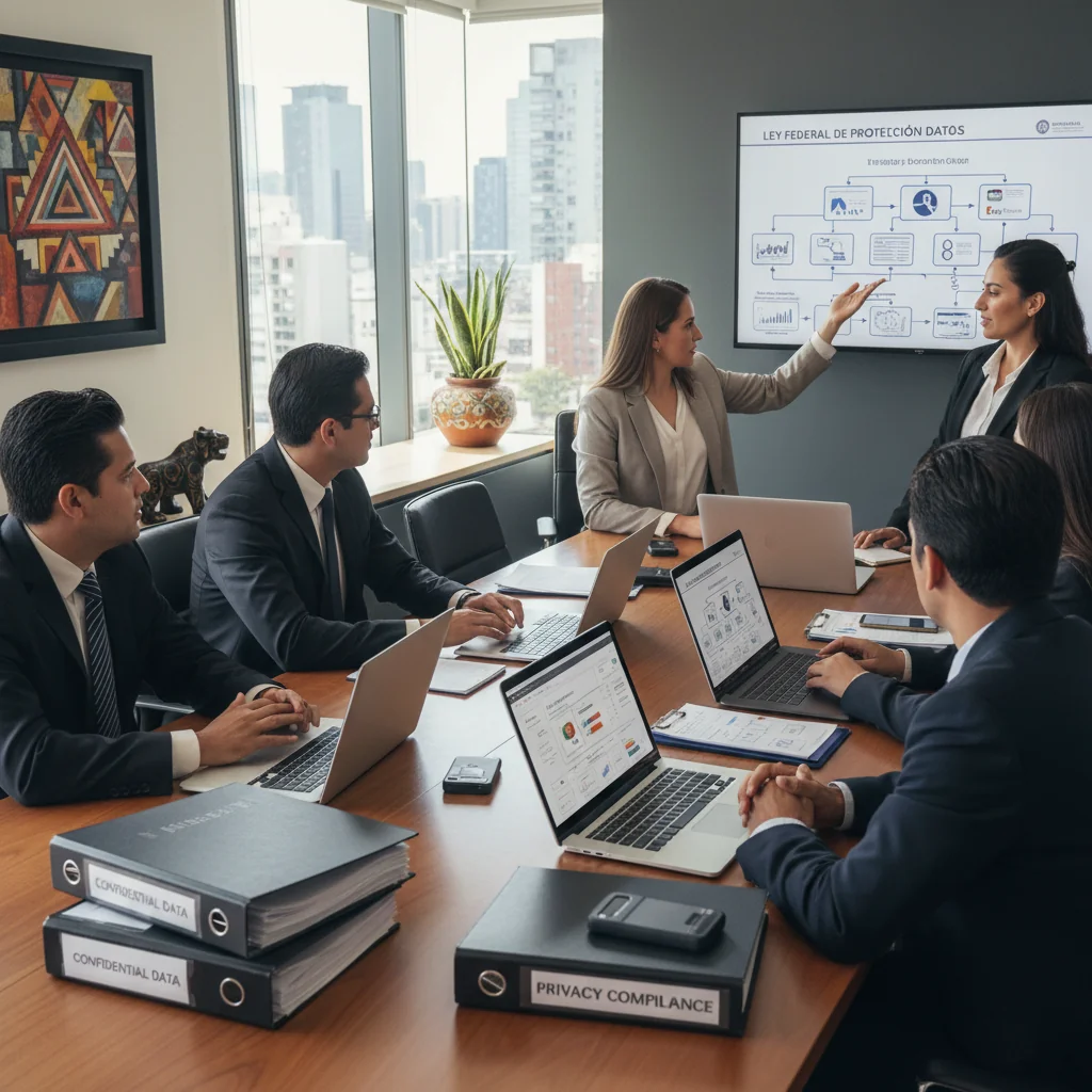 A photorealistic image of a diverse group of professional adults in a modern Mexican corporate office, collaborating on data privacy and retention strategies around a conference table with laptops and documents, symbolizing best practices for data retention compliance in the private sector, no children present.