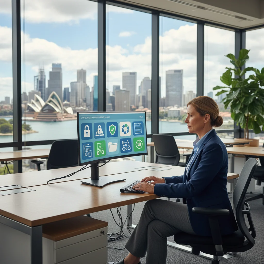 A photorealistic image of a professional compliance officer in a modern Australian office, reviewing records management files on a secure digital system, symbolizing key compliance requirements in records management policies. The scene conveys organization, security, and regulatory adherence without showing any documents directly.