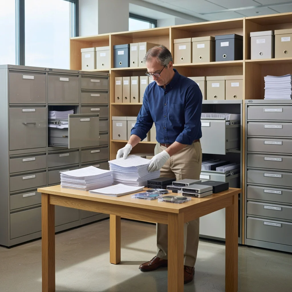 A photorealistic image symbolizing records retention policies, featuring a professional archivist or office worker in a modern records management room, carefully organizing and filing important documents into secure storage shelves, with subtle elements like locked cabinets and digital archiving screens in the background, conveying themes of organization, compliance, and long-term preservation. No children are present in the image.
