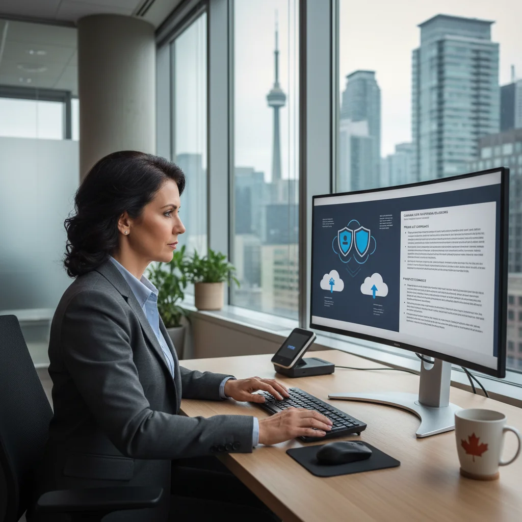 A photorealistic image of a professional adult individual in a modern office setting, reviewing digital documents on a computer screen displaying data files and legal icons, symbolizing data retention and privacy laws in Canada, with a subtle Canadian flag in the background, conveying trust and compliance.