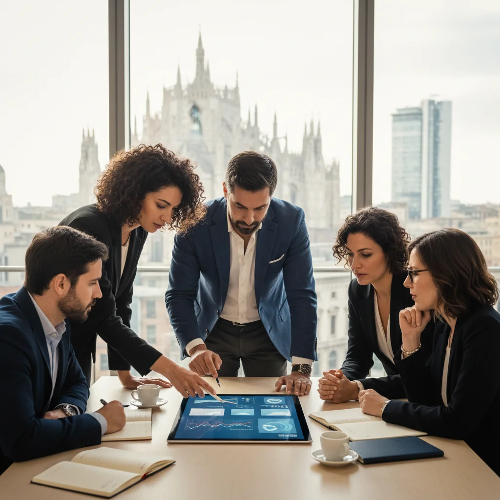 A photorealistic image of a professional Italian business team in a modern office setting, collaborating around a digital tablet displaying organized files and charts, symbolizing efficient digital document management for Italian enterprises. The scene conveys innovation, organization, and productivity without showing any documents directly.