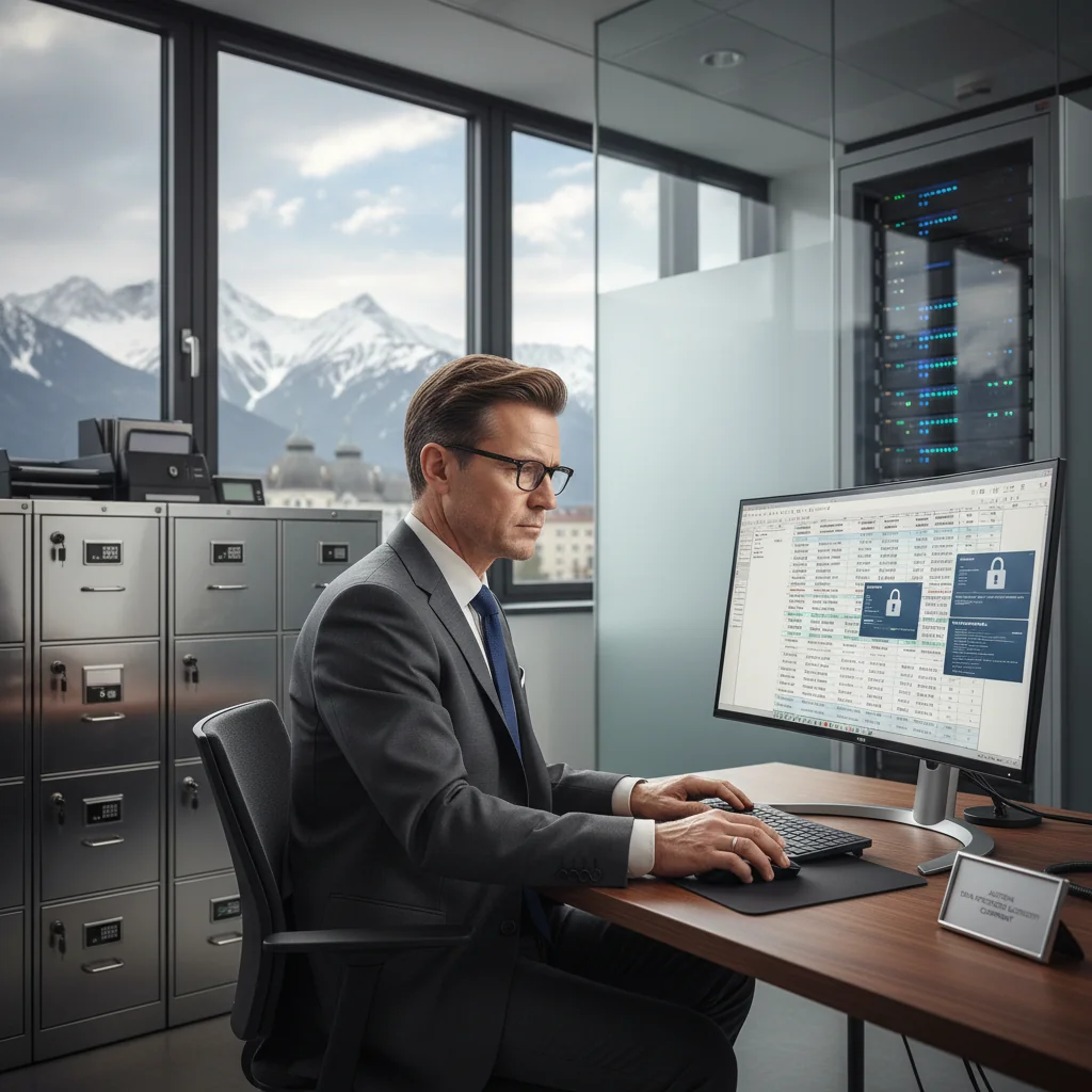A photorealistic image of a professional in a modern Austrian office setting, organizing digital files on a computer while surrounded by secure server racks and data storage devices, symbolizing best practices in data storage and retention policies. The scene conveys security, compliance, and organization without focusing on documents or involving children.