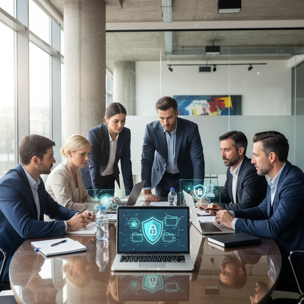 A photorealistic image of a diverse group of adult professionals in a modern office setting, discussing data privacy and compliance around a conference table with laptops and secure data icons subtly in the background, conveying trust and regulation in data retention practices.