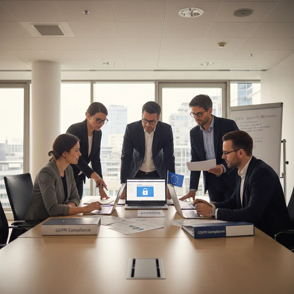 A photorealistic image of a professional business meeting in a modern Belgian office, where diverse adult professionals are discussing data privacy and compliance documents on a table, with subtle Belgian flags or Brussels landmarks in the background, symbolizing GDPR adherence and secure data management for Belgian enterprises. No children are present.