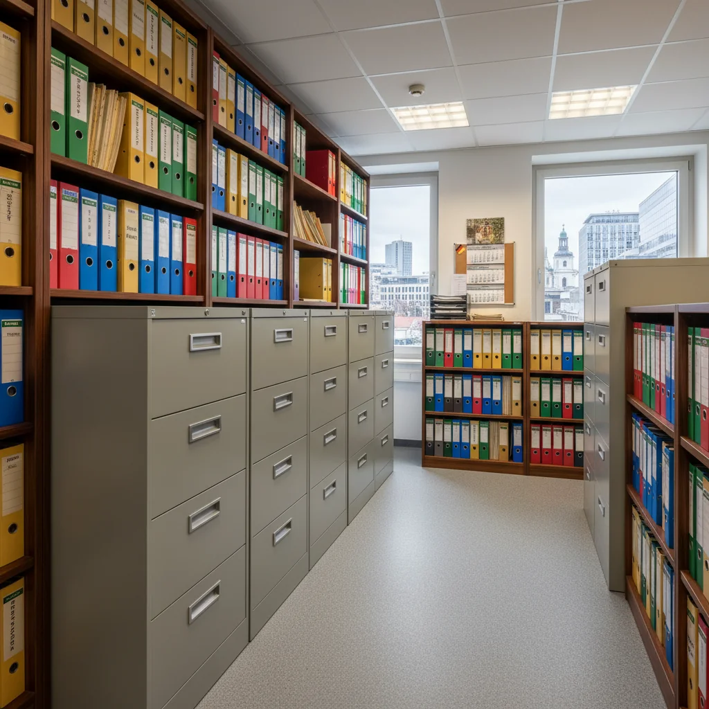 A photorealistic image of an organized modern office archive in Germany, featuring neatly arranged filing cabinets and shelves with labeled folders, soft natural light filtering through windows, evoking themes of systematic document storage and compliance with retention policies, no people or children present.