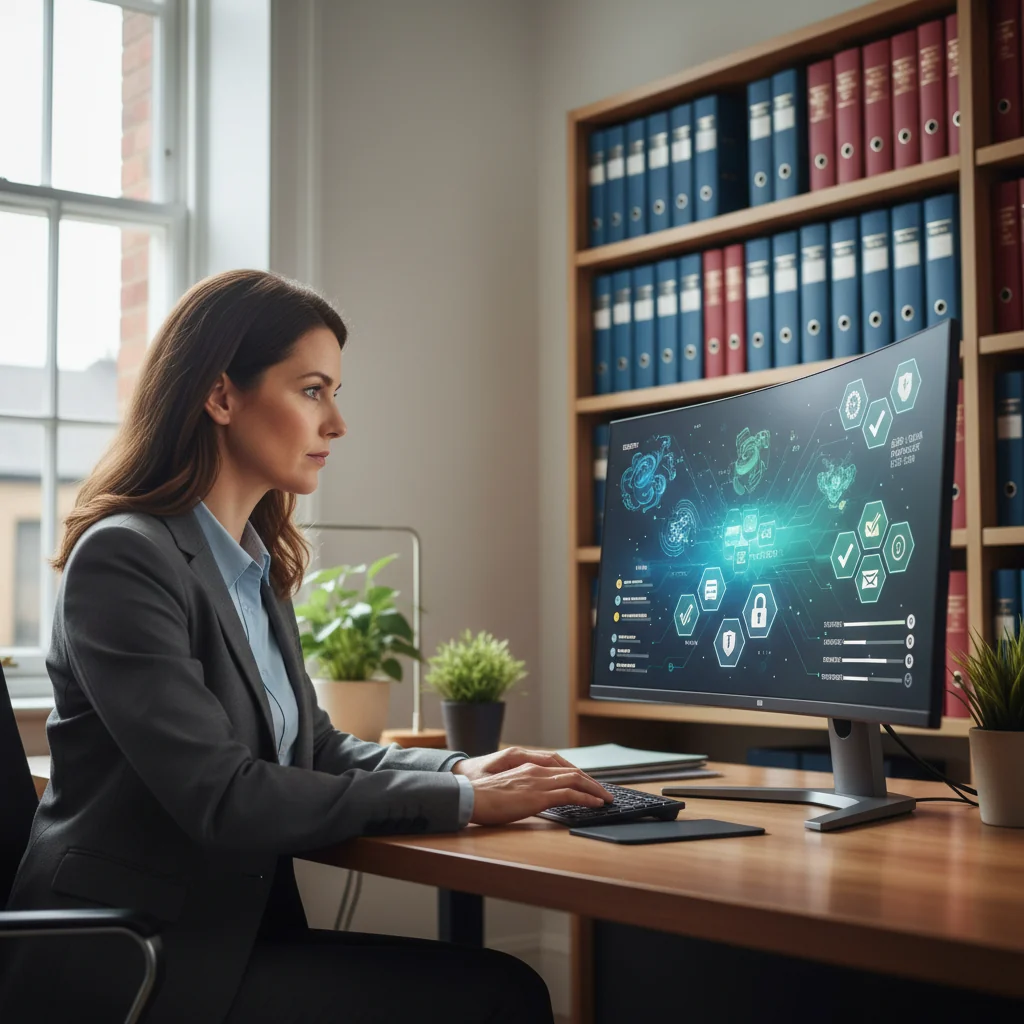 A photorealistic image of a professional in a modern office setting, carefully reviewing digital documents on a computer screen displaying data protection icons like locks and shields, symbolizing navigation of UK data protection laws and retention periods. The scene conveys security, compliance, and focus, with no people appearing as children.