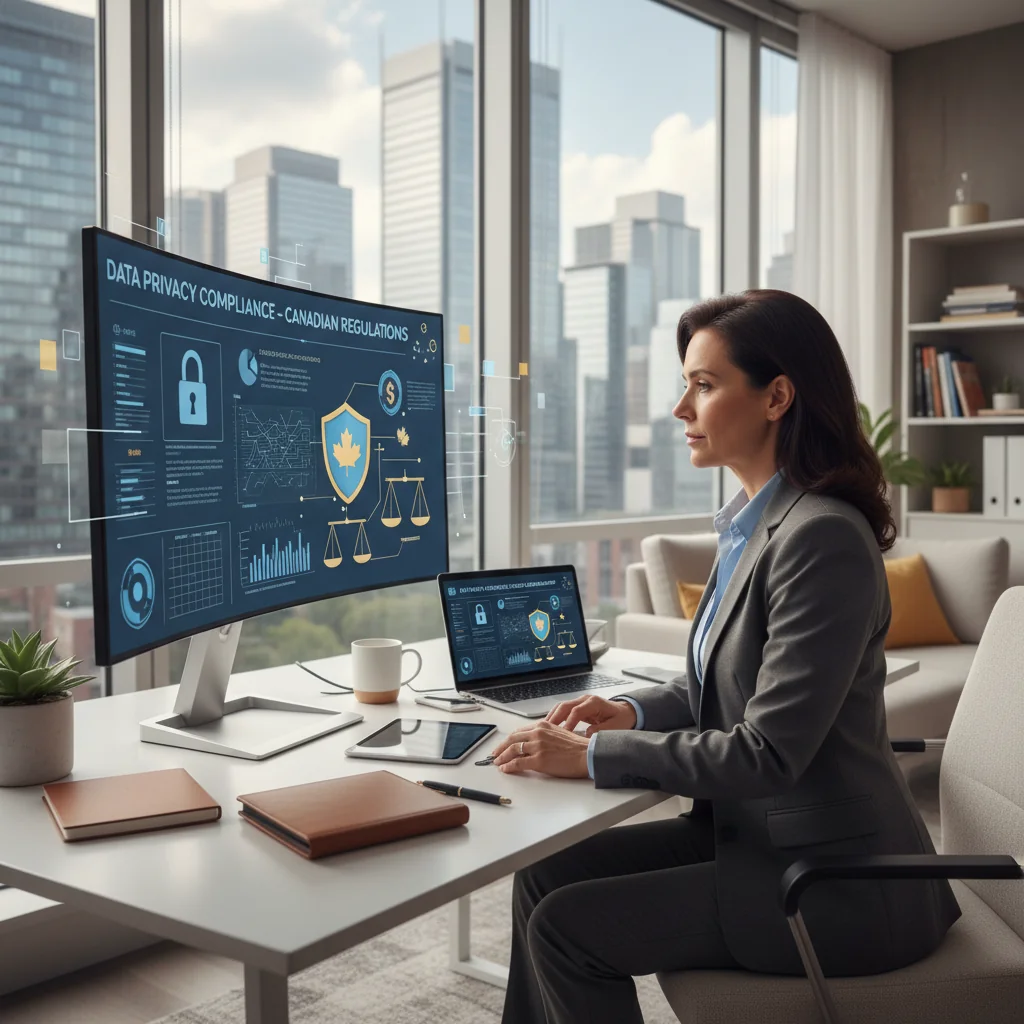 A photorealistic image of a professional adult in a modern office setting, reviewing digital documents on a secure computer screen with privacy icons like locks and shields subtly in the background, symbolizing compliance with data retention and privacy regulations in Canada. The scene conveys security, professionalism, and trust without focusing on any physical documents.