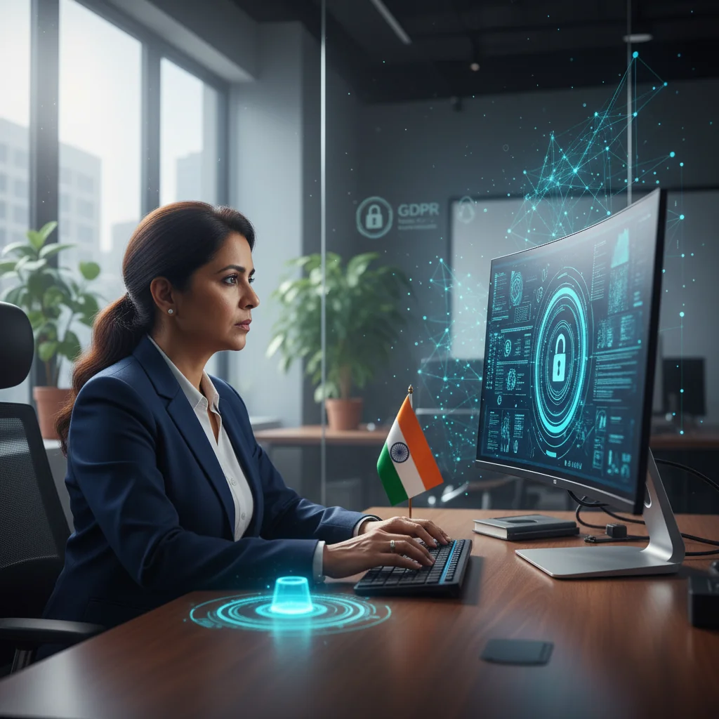 A photorealistic image of a professional Indian businessperson in a modern office setting, reviewing digital data on a secure computer screen with locks and compliance icons subtly in the background, symbolizing data retention policies and adherence to regulations in India, conveying trust and security without any documents visible.