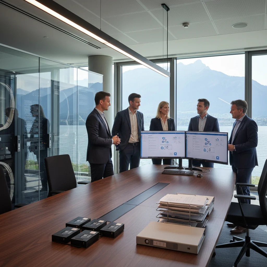 A photorealistic image of a modern Swiss corporate office in Zurich, featuring professionals in business attire reviewing digital data storage solutions on secure servers and cloud interfaces, with the Swiss Alps visible through large windows, symbolizing secure data preservation in Swiss companies.