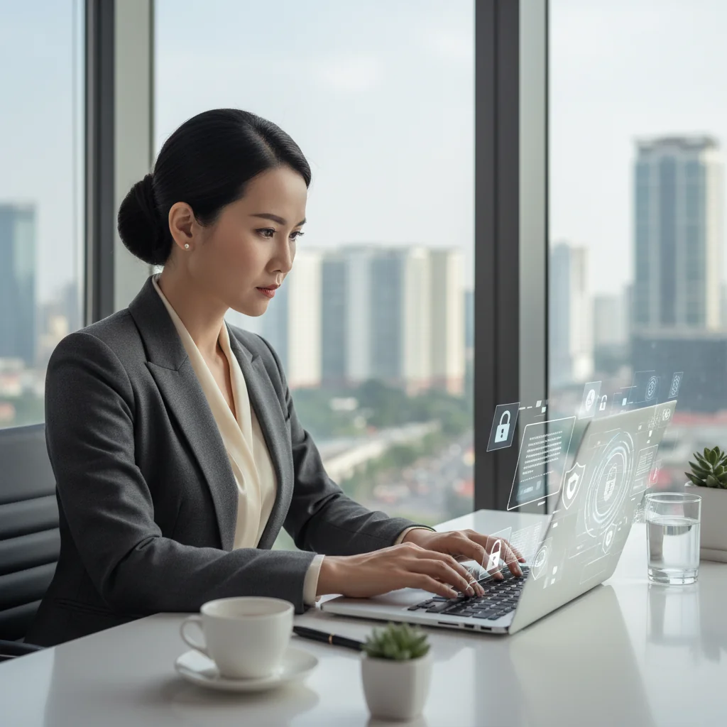 A photorealistic image depicting a professional adult Vietnamese woman in a modern office setting, carefully reviewing digital documents on a secure computer screen with privacy icons like locks and shields subtly in the background, symbolizing data protection and secure storage of personal information in Vietnam. No children are present in the image.