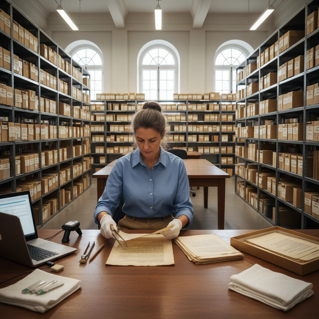 A photorealistic image of a professional archivist in a modern records management facility, carefully organizing and preserving historical documents on shelves, symbolizing the importance of document preservation and management policies, with no children present.