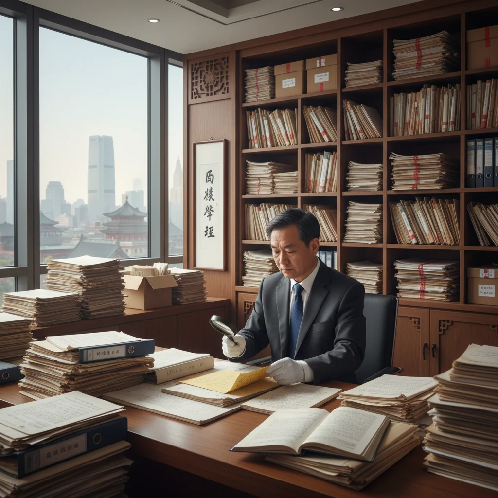 A photorealistic image of a professional Chinese government official in a modern office setting, carefully organizing and reviewing important policy documents on records management, symbolizing the implementation and challenges of such policies in China. The scene conveys diligence, bureaucracy, and thoughtful analysis, with subtle Chinese cultural elements like traditional decor in the background, but no focus on the documents themselves.