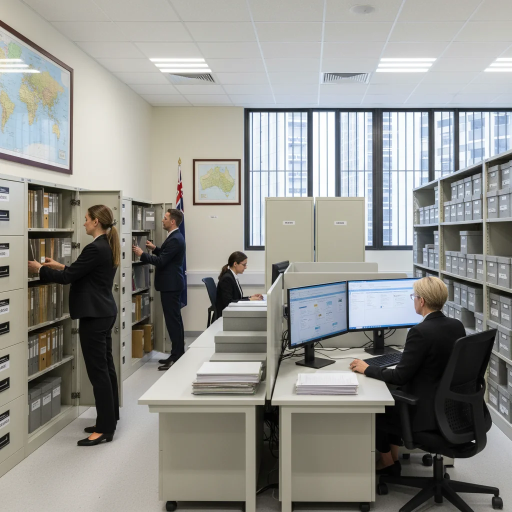 A photorealistic image of a modern Australian government office environment, featuring professionals organizing and reviewing official documents in a secure records room, symbolizing efficient records management and policy compliance, with Australian flags and national symbols in the background.