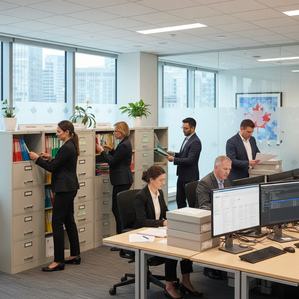 A photorealistic image of a diverse team of professionals in a modern Canadian office setting, collaboratively organizing digital and physical files on shelves and computer screens, symbolizing efficient records management practices in organizations.