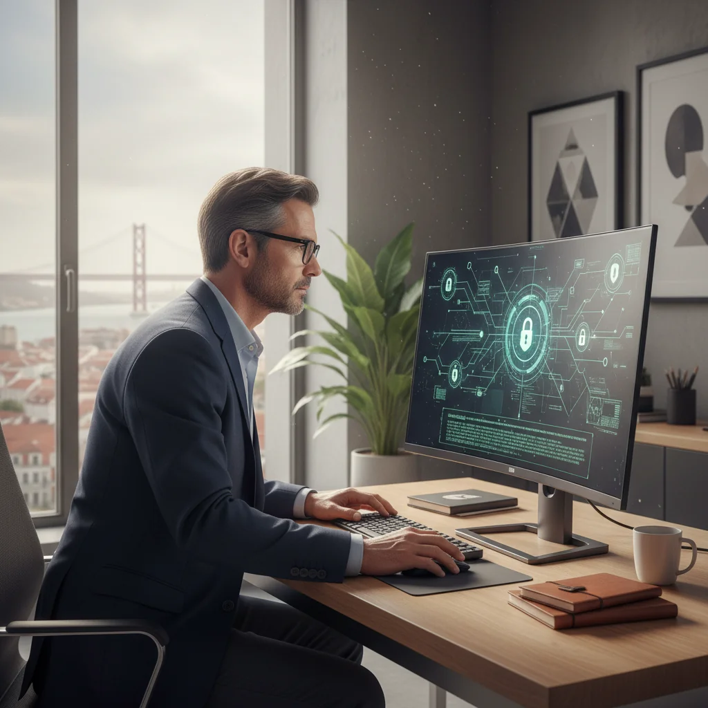 A photorealistic image representing data retention policy in Portugal, featuring a professional in a modern office setting reviewing secure digital files on a computer, with subtle Portuguese flag elements in the background, emphasizing privacy and data security without showing any documents or children.