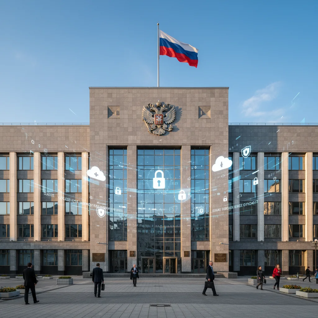 A photorealistic image of a modern Russian government building with a large digital lock and data storage icons superimposed on it, symbolizing secure data storage policies in Russia. The scene is set during a clear day with the Russian flag visible in the background, emphasizing national policy on data management.