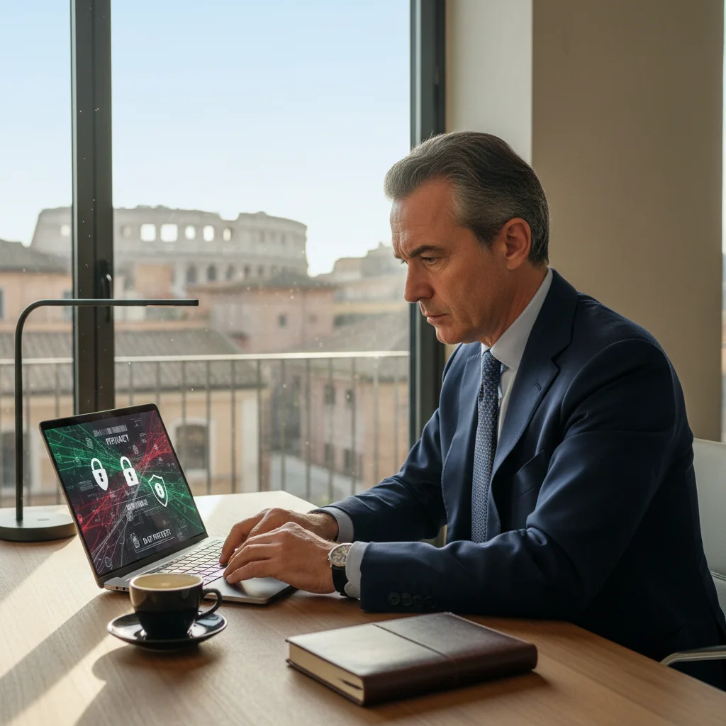 A photorealistic image representing data conservation policies in Italy, featuring a professional adult in a modern Italian office setting, reviewing secure digital files on a computer with Italian landmarks subtly in the background, symbolizing compliance and privacy protection.