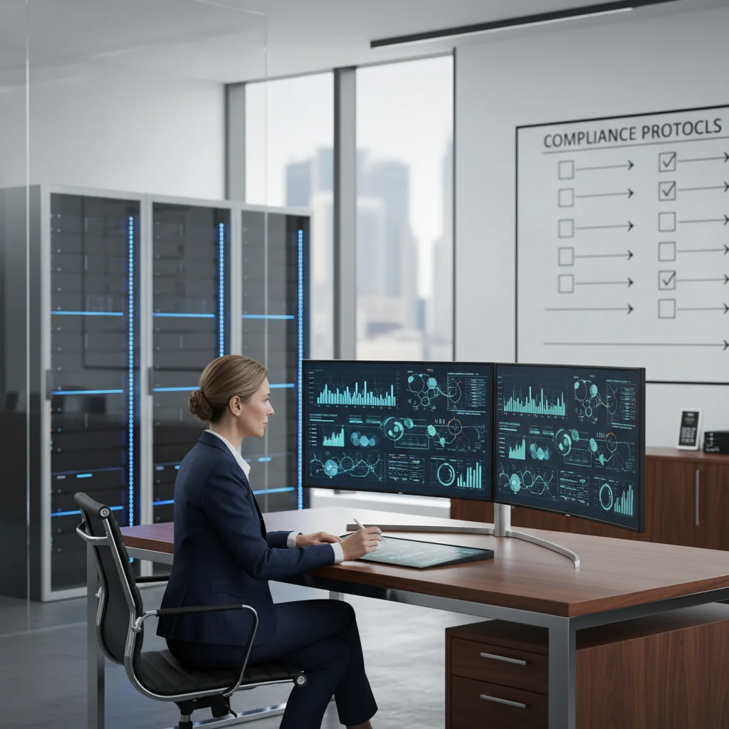 A photorealistic image of a professional businesswoman in a modern office setting, reviewing digital data charts on multiple computer screens, symbolizing data management and compliance with UK data retention policies. The atmosphere is focused and secure, with elements like locked filing cabinets and cybersecurity icons subtly in the background, emphasizing business requirements without showing any documents directly.