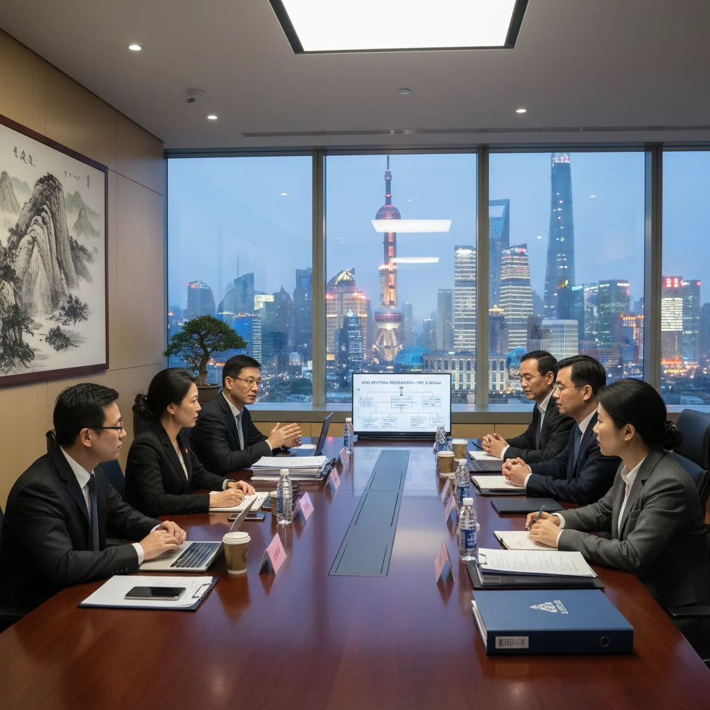 A photorealistic image depicting a professional business meeting in a modern Chinese office, with diverse adult professionals discussing data compliance documents around a conference table, symbolizing updates in data retention regulations. No children present.