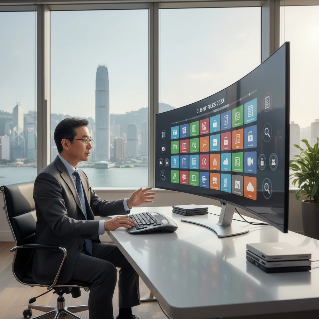 A photorealistic image of a professional businessperson in a modern Hong Kong office, carefully organizing digital files on a computer while reviewing compliance documents on screen, symbolizing effective data retention and records management challenges and solutions, with a city skyline view in the background, no children present.