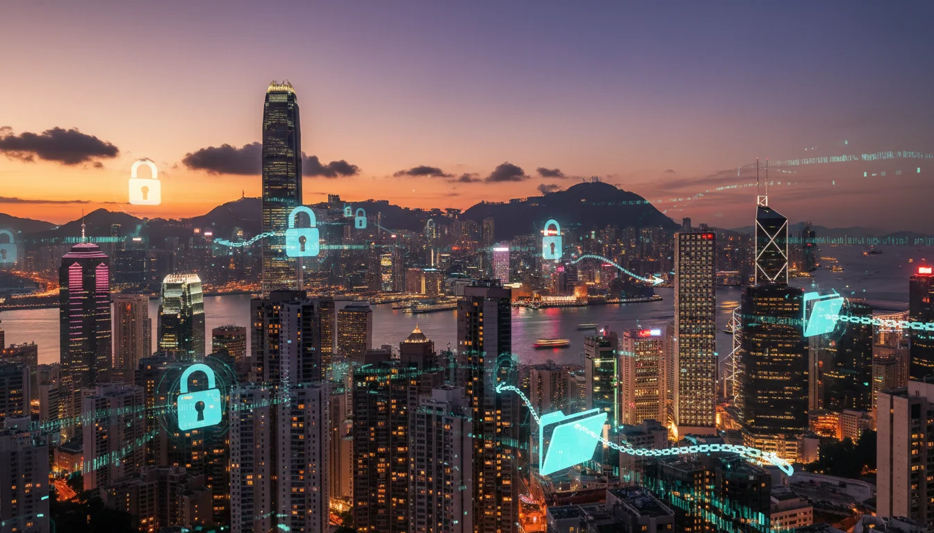 Hong Kong skyline with data files.