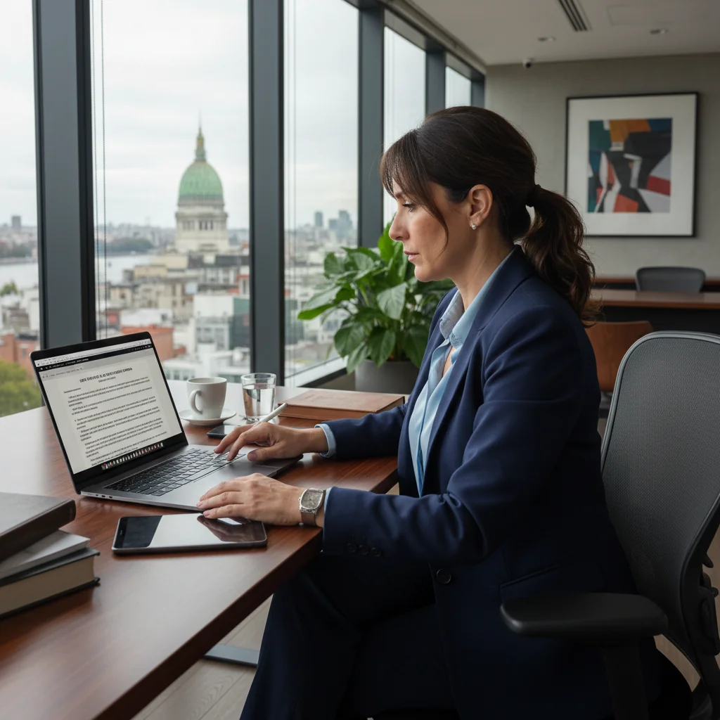 A photorealistic image of a professional adult woman in a modern office in Buenos Aires, Argentina, reviewing data privacy documents on a computer, with subtle Argentine flags or landmarks in the background, symbolizing data retention policies and legal compliance.