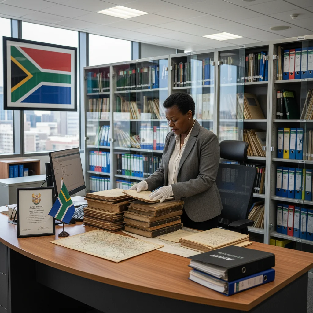 A photorealistic image of a professional archivist in a modern South African office, carefully organizing and managing important records in filing cabinets, symbolizing records retention and management policy.