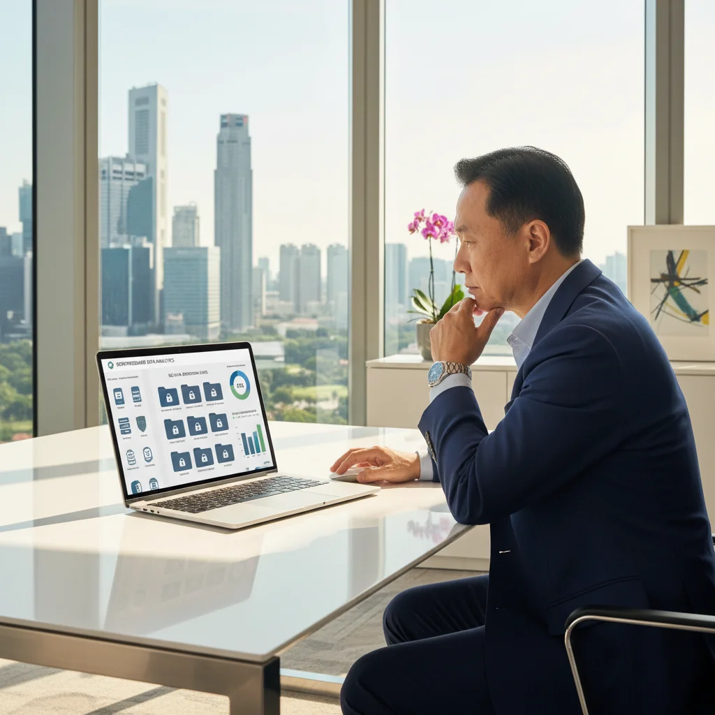 A photorealistic image of a professional in a modern Singapore office, reviewing data security policies on a computer screen with elements like locked digital files and compliance icons in the background, symbolizing data retention and privacy protection in a corporate setting.