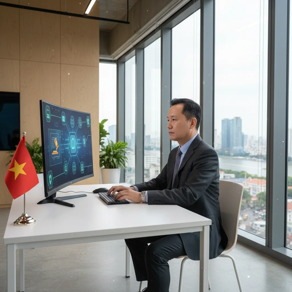 A photorealistic image of a professional Vietnamese business executive in a modern office environment, reviewing digital files on a secure computer system, symbolizing efficient management of corporate records in compliance with Vietnamese law. The scene conveys trust, organization, and legal adherence without showing any documents directly.