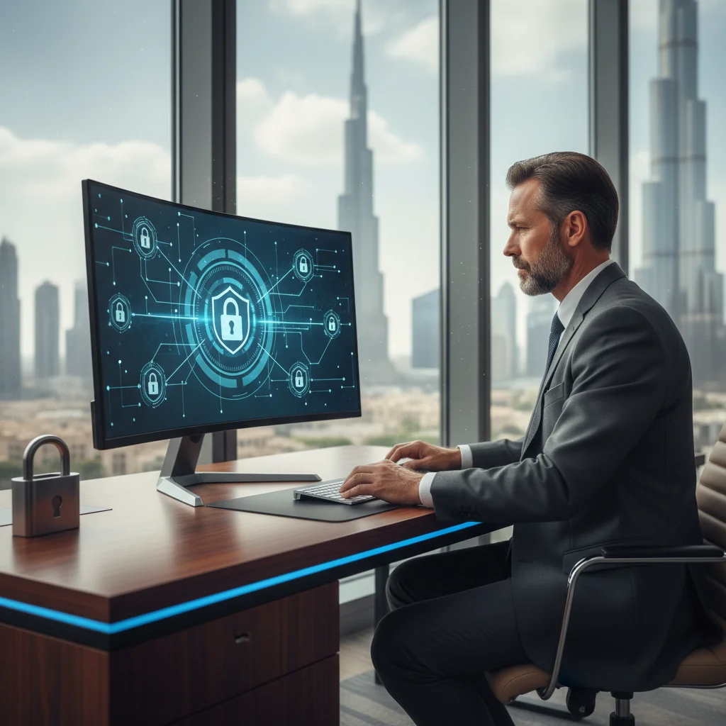 A photorealistic image of a professional adult person in a modern office setting in the UAE, reviewing digital data privacy documents on a secure computer screen, with subtle UAE landmarks in the background to represent data protection and privacy policies.