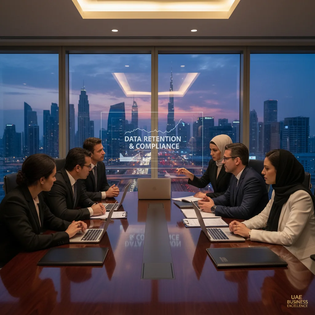A photorealistic image of a professional business meeting in a modern UAE office, with diverse adult professionals discussing data retention policies around a conference table, overlooking a Dubai cityscape, symbolizing compliance and record management in the corporate sector.