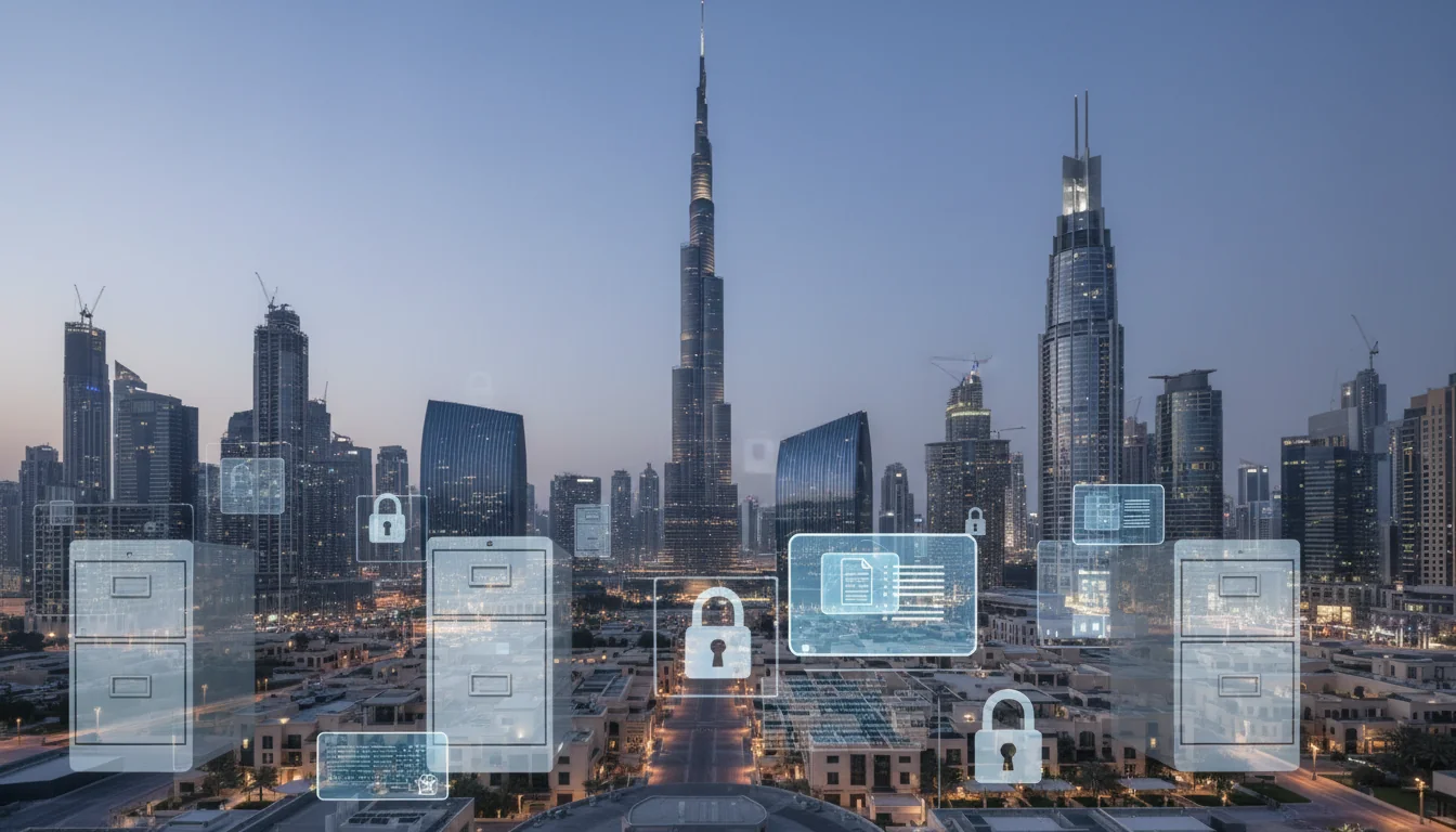 UAE skyline with document icons